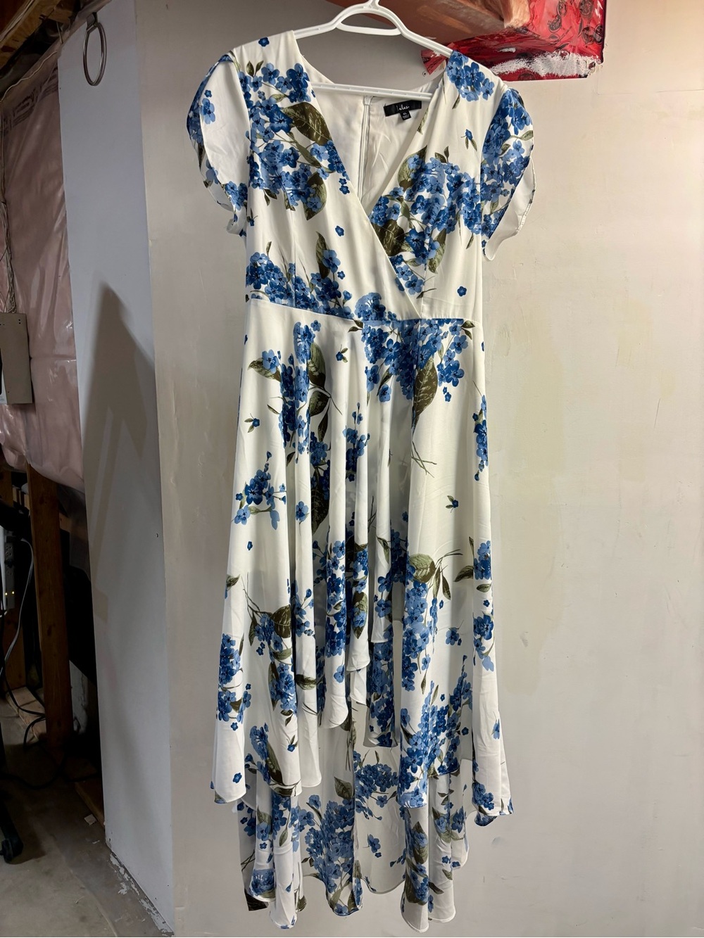 Lulu's White Wrap High-Low Dress with Blue Floral Print